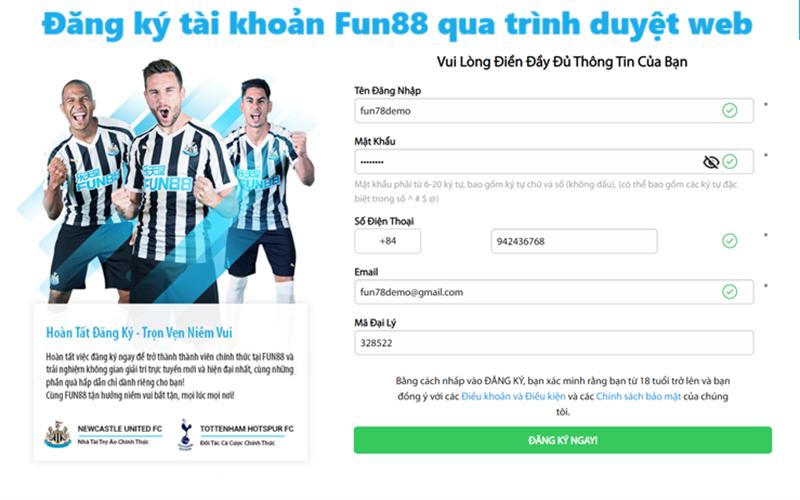 Form đăng ký tài khoản cá cược Fun88 